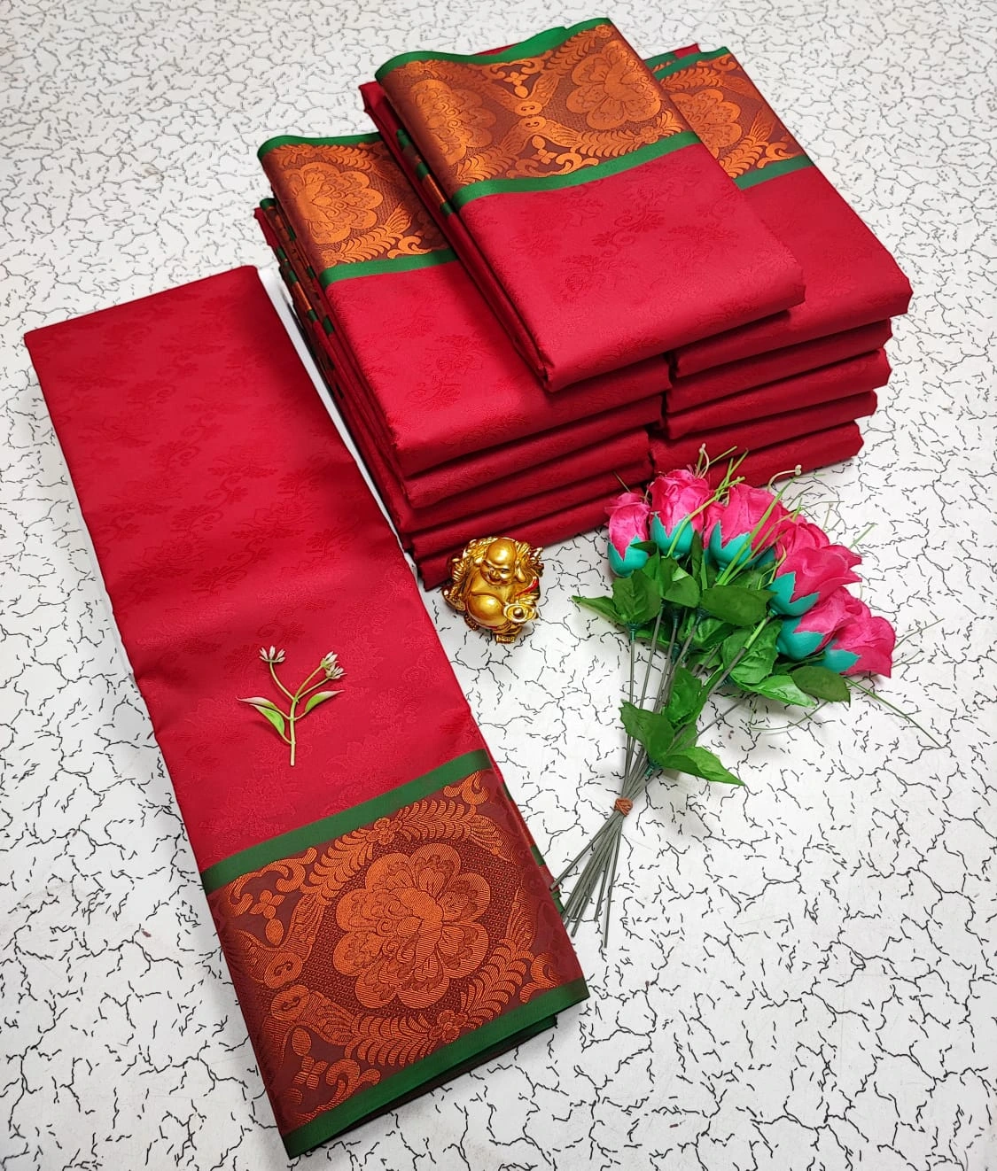 Crimson Red with Dark Green Copper Zari Soft Silk Saree